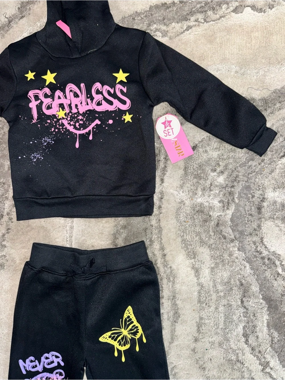 Black 'Fearless' Hoodie & Jogger Set with Neon Graphics